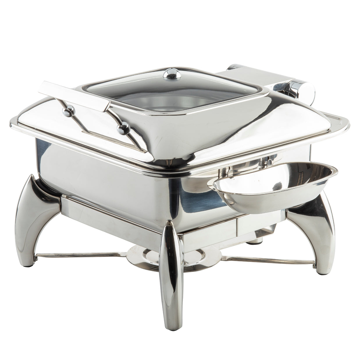 A shiny 6 quart stainless steel chafer with a hinged lid, sturdy curved legs, and a side attachment for utensils or condiments. This fuel chafer dish keeps food warm for serving at buffets or events.
