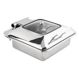 A shiny, stainless steel chafer with a transparent glass lid and handle. The slightly raised lid and modern reflective finish make it ideal for buffets. This induction chafer dish is perfect for keeping food warm and is also dishwasher safe.