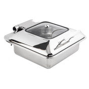 A shiny, stainless steel chafer with a transparent glass lid and handle. The slightly raised lid and modern reflective finish make it ideal for buffets. This induction chafer dish is perfect for keeping food warm and is also dishwasher safe.