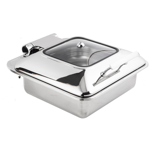 A shiny, stainless steel chafer with a transparent glass lid and handle. The slightly raised lid and modern reflective finish make it ideal for buffets. This induction chafer dish is perfect for keeping food warm and is also dishwasher safe.