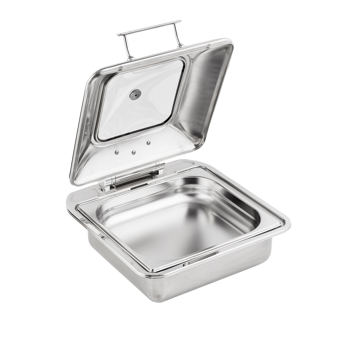 A stainless steel chafer with a hinged, transparent lid stands open against a white background. The rectangular container features smooth, shiny surfaces and rounded edges, and is dishwasher safe—perfect for keeping food warm at buffets or catered events.