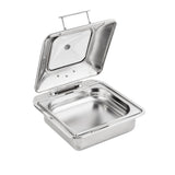 A stainless steel chafer with a hinged, transparent lid stands open against a white background. The rectangular container features smooth, shiny surfaces and rounded edges, and is dishwasher safe—perfect for keeping food warm at buffets or catered events.