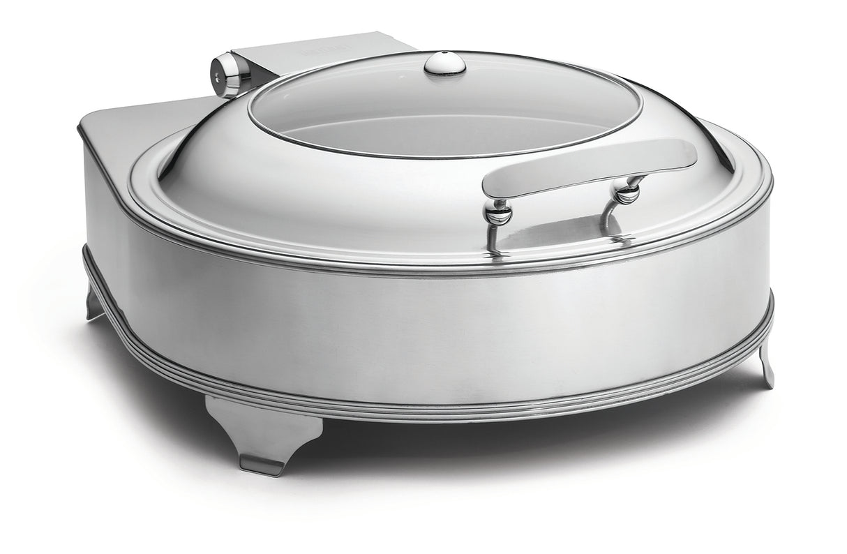 A 6 qt stainless steel electric chafer dish with a rounded, dome-shaped glass lid and sturdy rectangular handle. Four angled legs and a polished finish make it ideal for serving hot food at buffets or events.