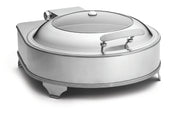 A 6 qt stainless steel electric chafer dish with a rounded, dome-shaped glass lid and sturdy rectangular handle. Four angled legs and a polished finish make it ideal for serving hot food at buffets or events.