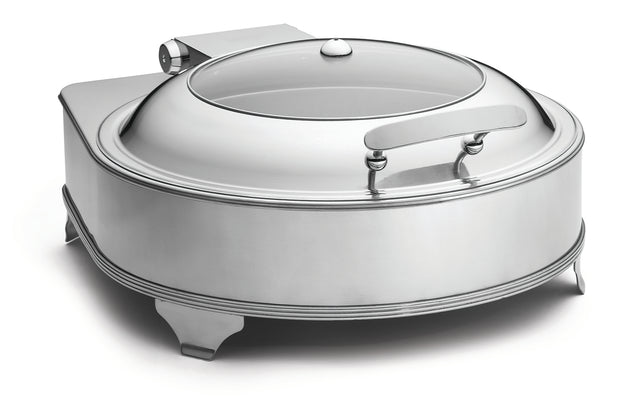 A 6 qt stainless steel electric chafer dish with a rounded, dome-shaped glass lid and sturdy rectangular handle. Four angled legs and a polished finish make it ideal for serving hot food at buffets or events.