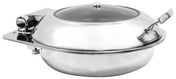 A shiny 6 Quart Stainless Steel Chafer with a domed, transparent lid and handle. The partially open lid reveals the dish on a stand with a fuel holder, perfect for keeping food warm at buffets or events.