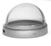 A round cold server with a stainless steel base and a clear polycarbonate dome lid. The tray features a small handle on top for easy lifting, a side cutout, and the TableCraft brand visible on the front.