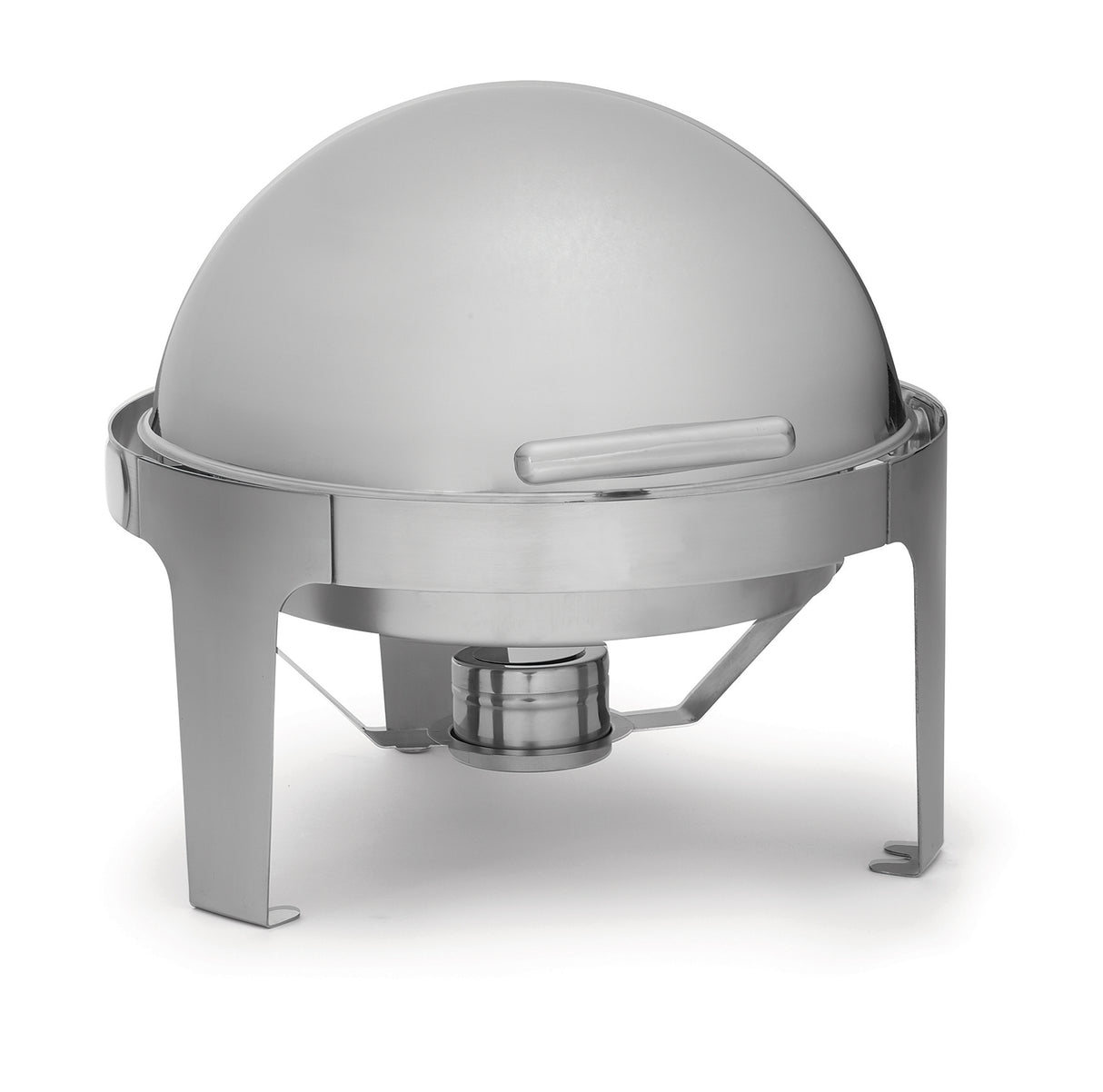 This stainless steel Roll Top Chafer features a shiny round dome lid with an easy-lift handle, elevated on four sturdy legs, and includes a fuel holder underneath for efficient food warming.