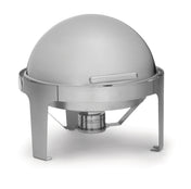 This stainless steel Roll Top Chafer features a shiny round dome lid with an easy-lift handle, elevated on four sturdy legs, and includes a fuel holder underneath for efficient food warming.