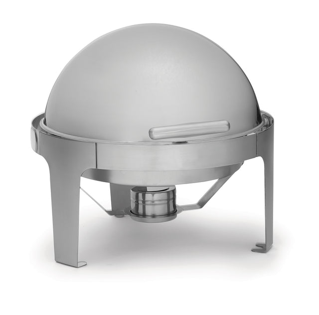 This stainless steel Roll Top Chafer features a shiny round dome lid with an easy-lift handle, elevated on four sturdy legs, and includes a fuel holder underneath for efficient food warming.