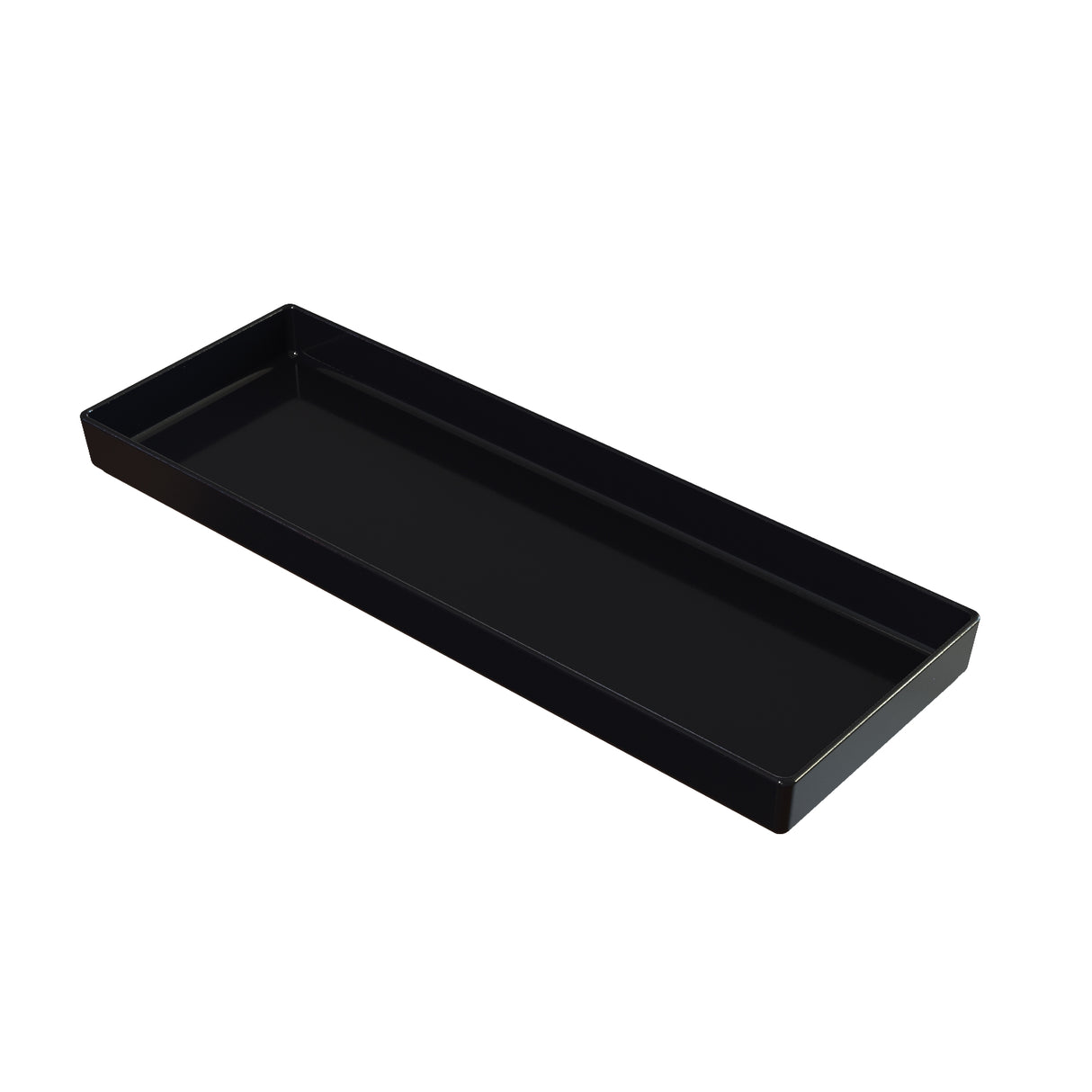A rectangular, shallow black tray with raised edges, crafted from cast aluminum and shown from an angle on a white background. The tray has a glossy finish and simple, minimalist design—ideal for cold holding or pairing with your favorite bowl.