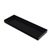 A rectangular, shallow black tray with raised edges, crafted from cast aluminum and shown from an angle on a white background. The tray has a glossy finish and simple, minimalist design—ideal for cold holding or pairing with your favorite bowl.