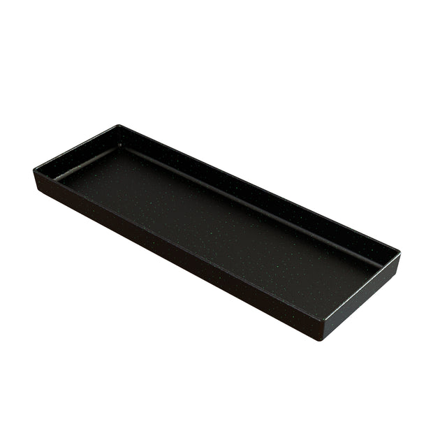 A rectangular, black tray crafted from Duracoat coated cast aluminum with short sides and a flat base. The subtle speckled pattern adds to its minimalist, modern design—an NSF rectangular bowl ideal for stylish cold holding displays.