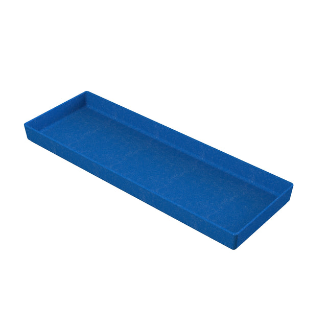A rectangular, flat, blue plastic tray with raised edges, shown on a white background. The tray is empty and appears lightweight—ideal for organizing small items or serving as a cold holding tray alongside a bowl.
