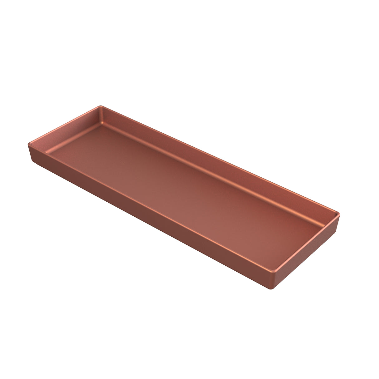 A rectangular, shallow tray with raised edges and a smooth, matte copper finish, shown in metallic rose gold tones. This modern piece resembles a cast aluminum bowl in style, featuring clean lines and a chic look on a white background.