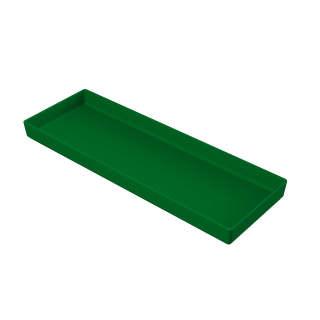 A rectangular, shallow green plastic tray with slightly raised edges is shown against a white background. The tray is empty, features a simple, smooth design, and is dishwasher safe for easy cleaning.
