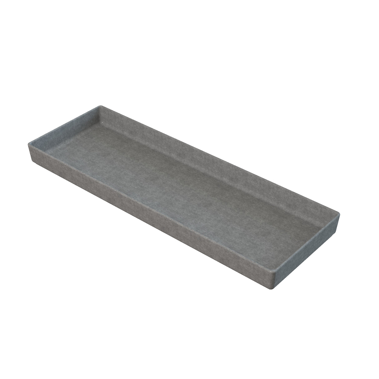 A rectangular gray felt tray with low sides, viewed from a slight angle. The tray has clean lines and a minimalist design, perfect for organizing small items like a cast aluminum bowl on a desk or tabletop. The background is plain white.