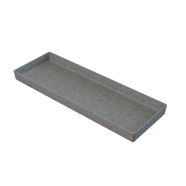 A rectangular gray felt tray with low sides, viewed from a slight angle. The tray has clean lines and a minimalist design, perfect for organizing small items like a cast aluminum bowl on a desk or tabletop. The background is plain white.