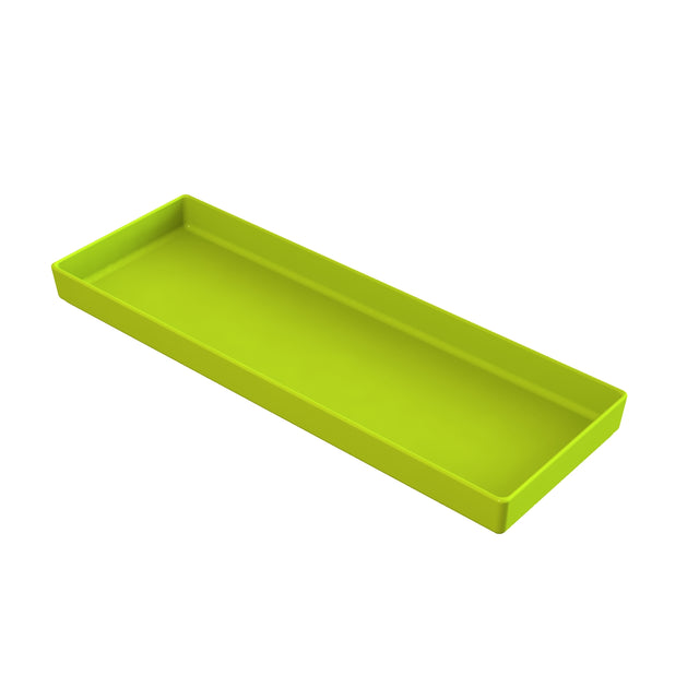 A rectangular, lime-green plastic tray with slightly raised edges, shown at an angle on a white background. The tray is empty, has a smooth, glossy surface, and is dishwasher safe for easy cleaning.