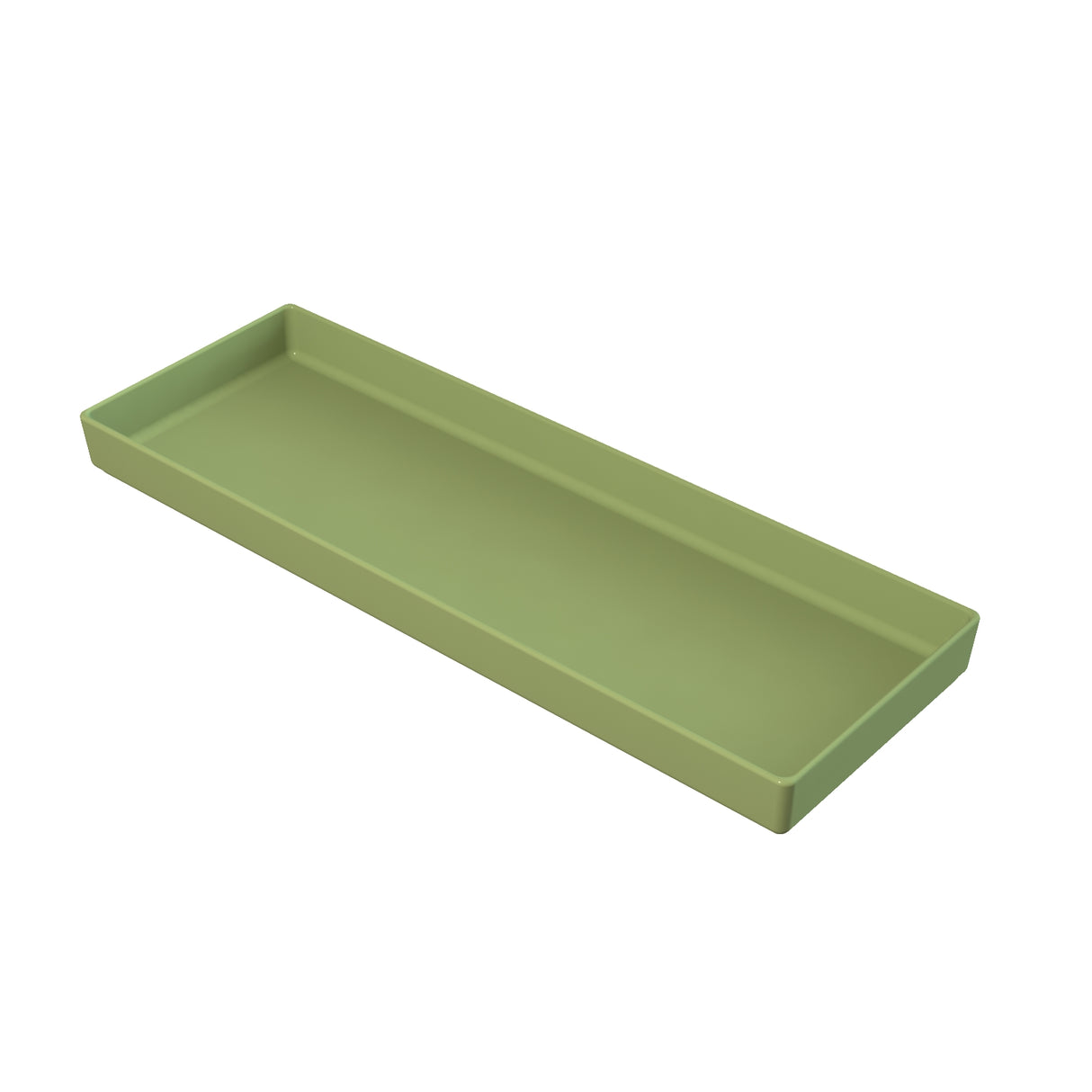 A rectangular, shallow olive green tray with raised edges, made of smooth cast aluminum, is shown on a white background. This sturdy tray is ideal for organizing small items or cold holding purposes.