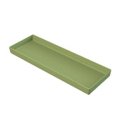 A rectangular, shallow olive green tray with raised edges, made of smooth cast aluminum, is shown on a white background. This sturdy tray is ideal for organizing small items or cold holding purposes.