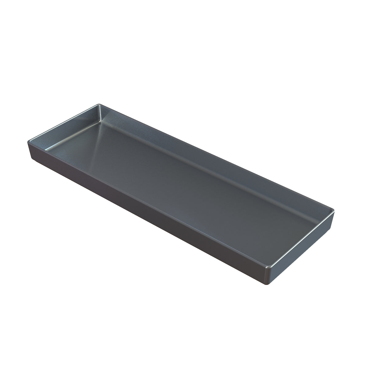A rectangular, shallow, dark gray metal tray with raised edges on all four sides, shown on a white background. The tray has a smooth, glossy finish and modern design, similar to a sand cast aluminum bowl used for cold holding.