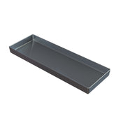 A rectangular, shallow, dark gray metal tray with raised edges on all four sides, shown on a white background. The tray has a smooth, glossy finish and modern design, similar to a sand cast aluminum bowl used for cold holding.