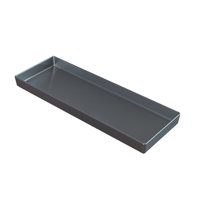 A rectangular, shallow, dark gray metal tray with raised edges on all four sides, shown on a white background. The tray has a smooth, glossy finish and modern design, similar to a sand cast aluminum bowl used for cold holding.