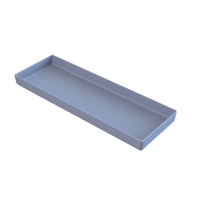 A rectangular, shallow, light gray plastic tray with straight sides and rounded corners, shown from an angled perspective on a plain white background, ideal as a cold holding bowl and conveniently dishwasher safe.