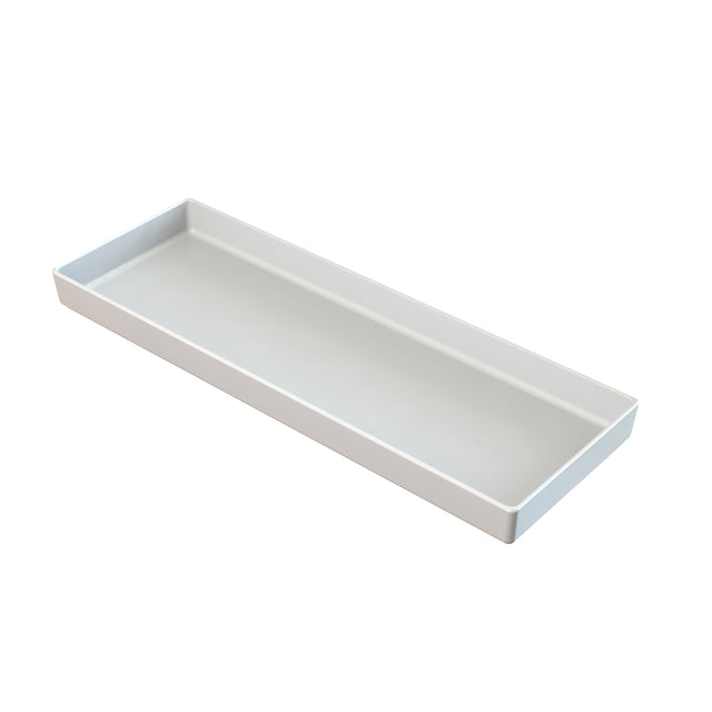 A rectangular, shallow white tray with raised edges, placed on a white background. The tray has smooth, clean lines and a glossy surface, giving it a minimalist and modern appearance—ideal as a cold holding bowl for fresh ingredients.