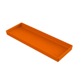 A rectangular, shallow orange tray with raised edges is shown on a white background. Made of Duracoat cast aluminum, this NSF dishwasher safe tray is empty and designed for durability and easy cleaning.