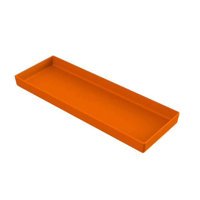 A rectangular, shallow orange tray with raised edges is shown on a white background. Made of Duracoat cast aluminum, this NSF dishwasher safe tray is empty and designed for durability and easy cleaning.
