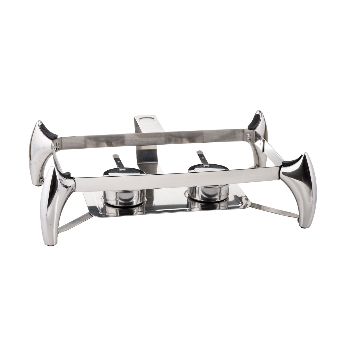 A modern, sleek stainless steel chafer with two fuel holders in the center, a rectangular frame, and four curved legs at each corner. This 9 qt chafer is perfect for keeping food warm at buffets or events.