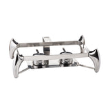 A modern, sleek stainless steel chafer with two fuel holders in the center, a rectangular frame, and four curved legs at each corner. This 9 qt chafer is perfect for keeping food warm at buffets or events.