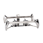 A modern, sleek stainless steel chafer with two fuel holders in the center, a rectangular frame, and four curved legs at each corner. This 9 qt chafer is perfect for keeping food warm at buffets or events.