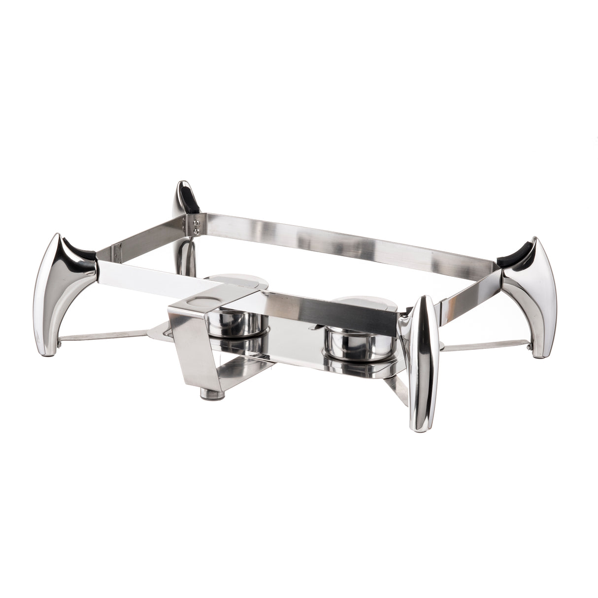 A sleek, modern stainless steel chafer stand with four curved legs and space for two round fuel holders. Perfect for holding a 9 qt chafer or fuel chafer dish, it's ideal for keeping food warm at buffets or events.