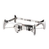 A sleek, modern stainless steel chafer stand with four curved legs and space for two round fuel holders. Perfect for holding a 9 qt chafer or fuel chafer dish, it's ideal for keeping food warm at buffets or events.