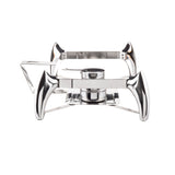 A shiny stainless steel chafer stand with elegantly curved legs and a fuel holder in the center, viewed from the front against a white background. The 9 qt chafer frame is empty, ready to hold your serving dish or pan on top.