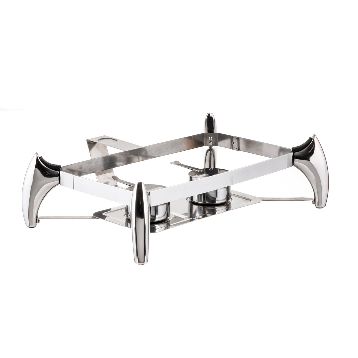 A modern, rectangular stainless steel chafer stand with four curved, polished legs and two circular holders for fuel cans underneath. The sleek, shiny 9 qt chafer features a geometric, minimalist aesthetic in a silver finish.
