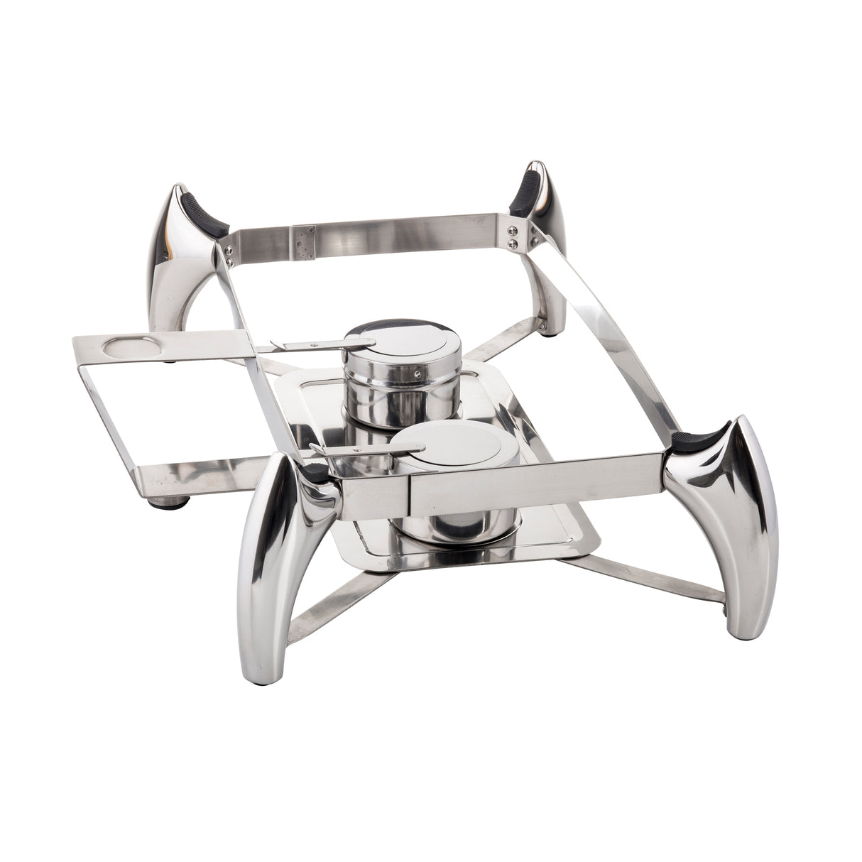 A polished stainless steel tabletop fuel chafer dish stand with four curved legs, two circular holders for fuel cans in the center, and a flat rectangular platform designed to hold a 9 qt food pan. The metal features a sleek, shiny finish.