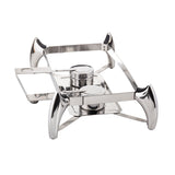 A polished stainless steel tabletop fuel chafer dish stand with four curved legs, two circular holders for fuel cans in the center, and a flat rectangular platform designed to hold a 9 qt food pan. The metal features a sleek, shiny finish.