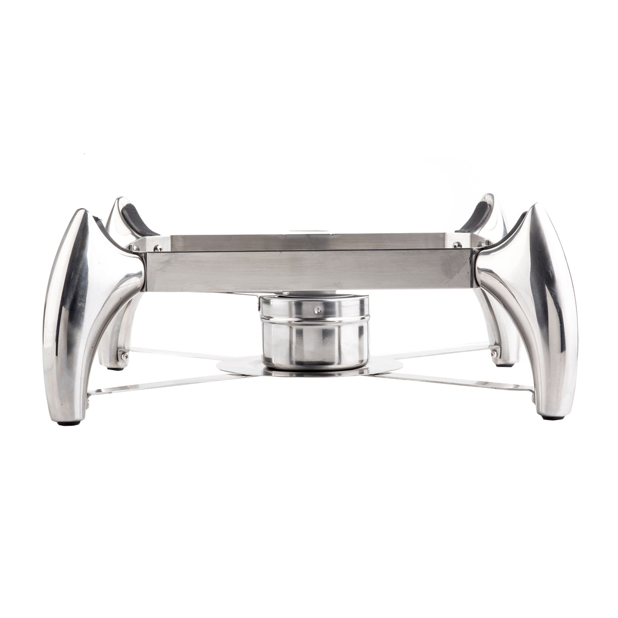 A modern, metallic TableCraft chafing dish stand with sleek, curved legs and a round central fuel holder. This shiny, silver stand is elevated to support cookware above the burner and is conveniently dishwasher safe for easy cleaning.