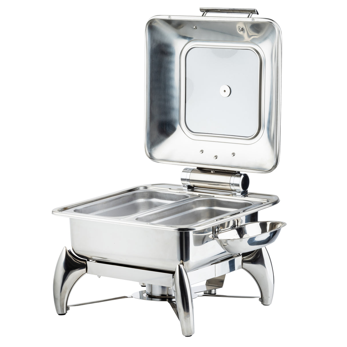 A stainless steel fuel chafer dish with a hinged lid, two food compartments, and a fuel holder below. The shiny, reflective surfaces are dishwasher safe. It stands on four curved legs and is perfect for keeping food warm at buffets or events.