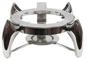 A sleek, metallic TableCraft chafing dish stand with three curved legs and a circular opening in the center. The polished, futuristic design is sturdy, symmetrical, and dishwasher safe—perfect for supporting a round object against a white background.