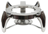 A shiny, stainless steel, tripod-like stand with three curved legs, a round central platform, and a circular frame on top. The design is sleek and modern, with a futuristic, polished silver finish. Perfect for holding a 6 qt fuel chafer dish.