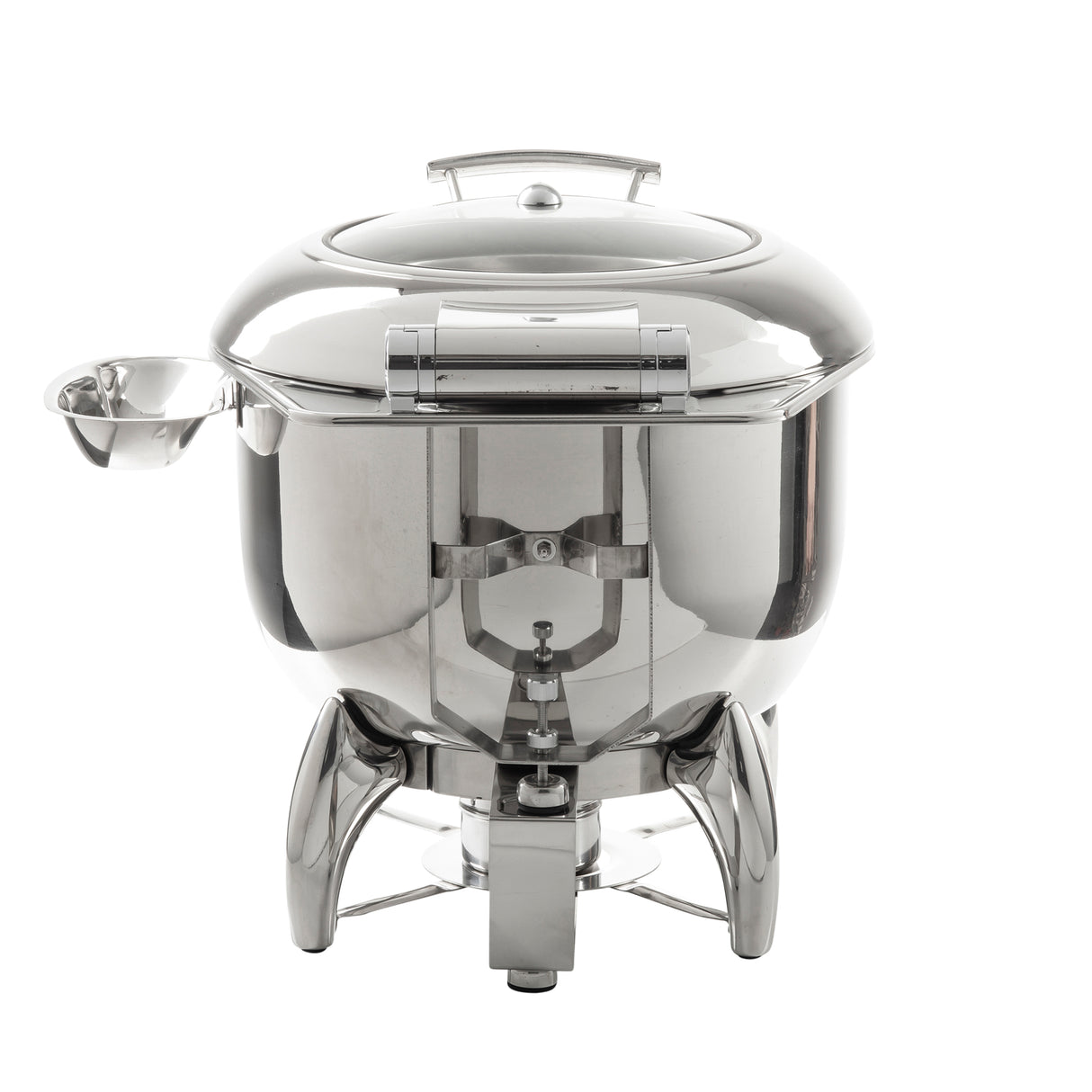 A shiny 9 qt. stainless steel Fuel Soup Chafer Dish with a round dome lid and sturdy, curved legs. It features a small fuel holder beneath and a side holder for utensils, perfect for keeping food warm at buffets or catered events. Plain white background.