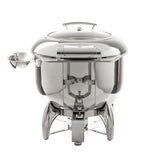 A shiny 9 qt. stainless steel Fuel Soup Chafer Dish with a round dome lid and sturdy, curved legs. It features a small fuel holder beneath and a side holder for utensils, perfect for keeping food warm at buffets or catered events. Plain white background.
