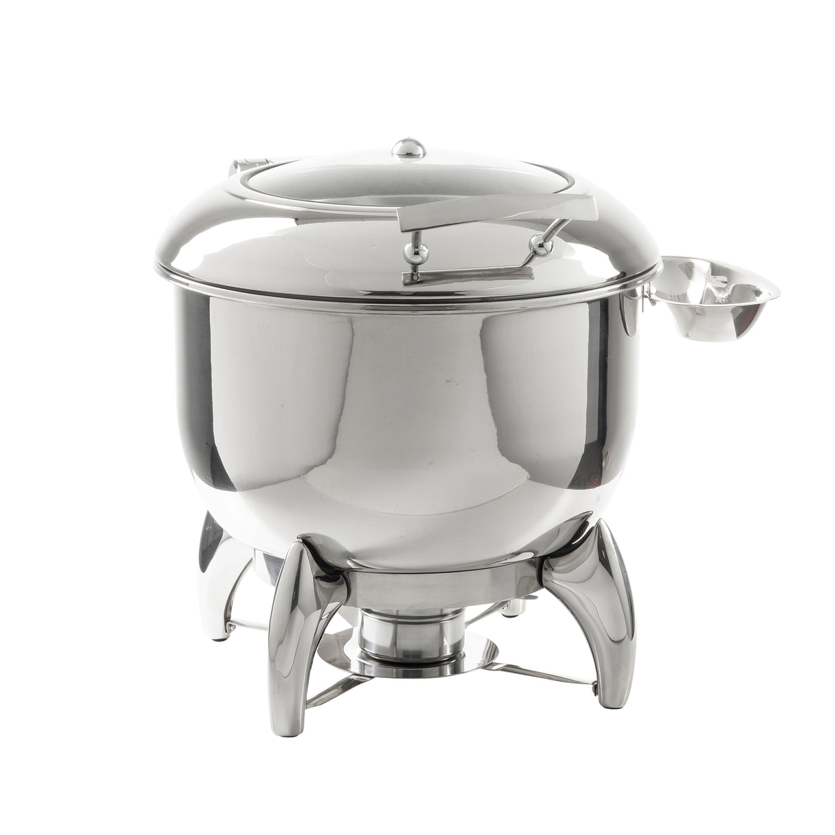 A polished stainless steel Soup Chafer Dish with a dome lid and handle sits on sturdy legs. Beneath, a fuel powered holder keeps food warm, while a round, attached side container for serving utensils is visible on the right. Plain white background.