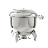 A polished stainless steel Soup Chafer Dish with a dome lid and handle sits on sturdy legs. Beneath, a fuel powered holder keeps food warm, while a round, attached side container for serving utensils is visible on the right. Plain white background.