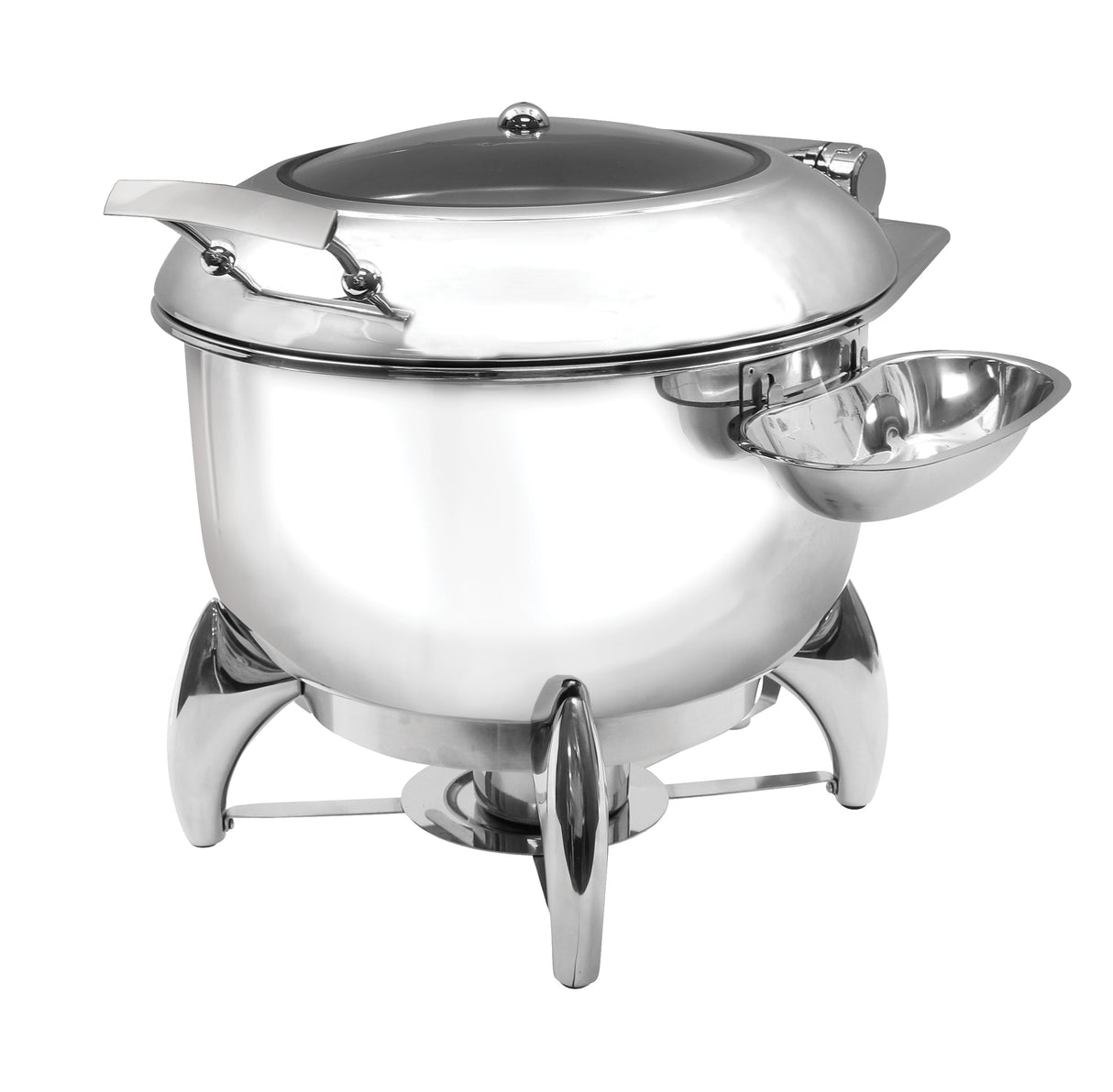 A polished stainless steel Soup Chafer Dish with a domed lid, sturdy handles, and a small attached bowl on the right. It stands on three curved legs with a fuel powered holder below to keep food warm and its surface shines brilliantly.